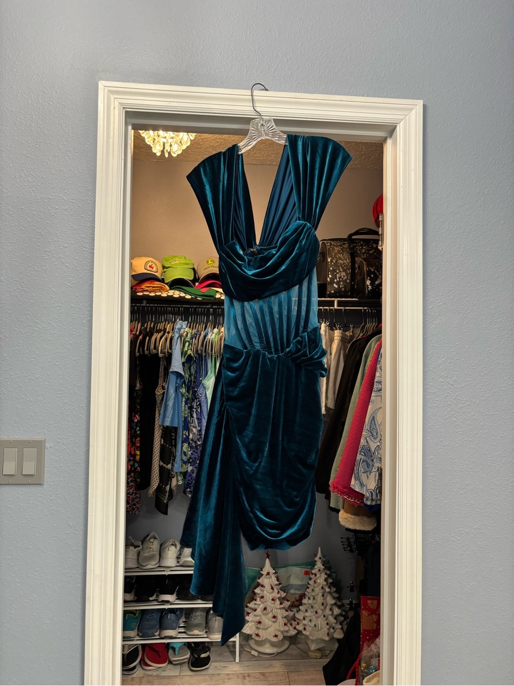 One-Shoulder Teal Velvet Draped Evening Dress - Picture 2 of 8
